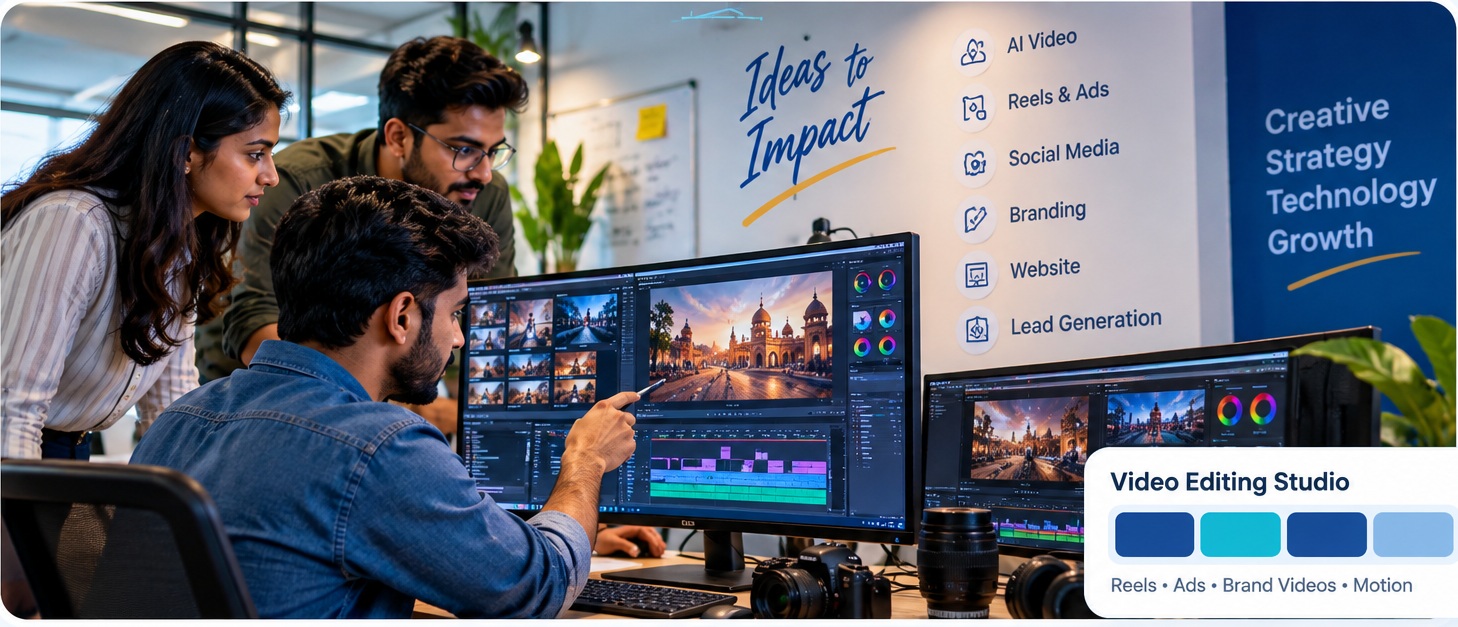Indian video editing team working in a professional creative studio